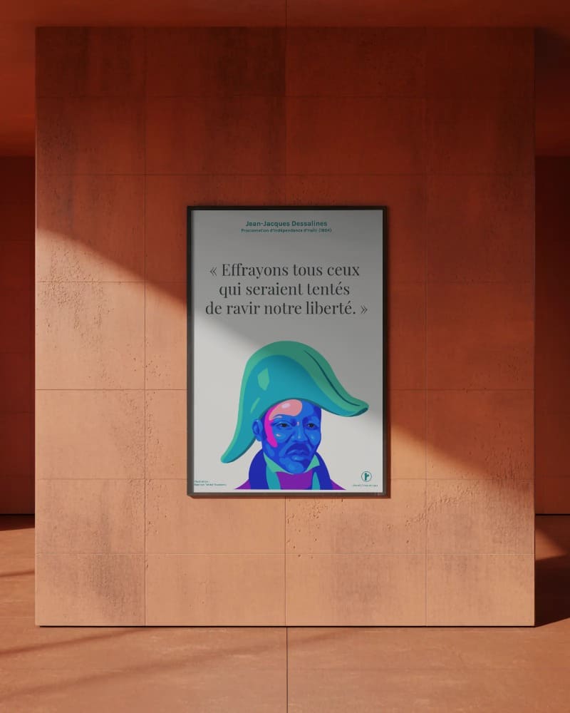 Affiche murale Routes de Jean-Jacques Dessalines, version crème, dans un intérieur aux murs rouges.