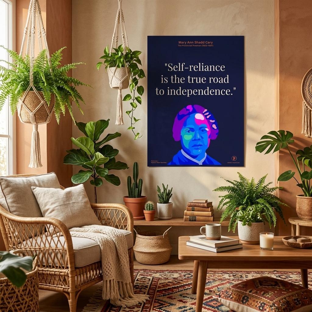 Affiche murale Routes Mary Ann Shadd Cary accrochée dans un salon boho